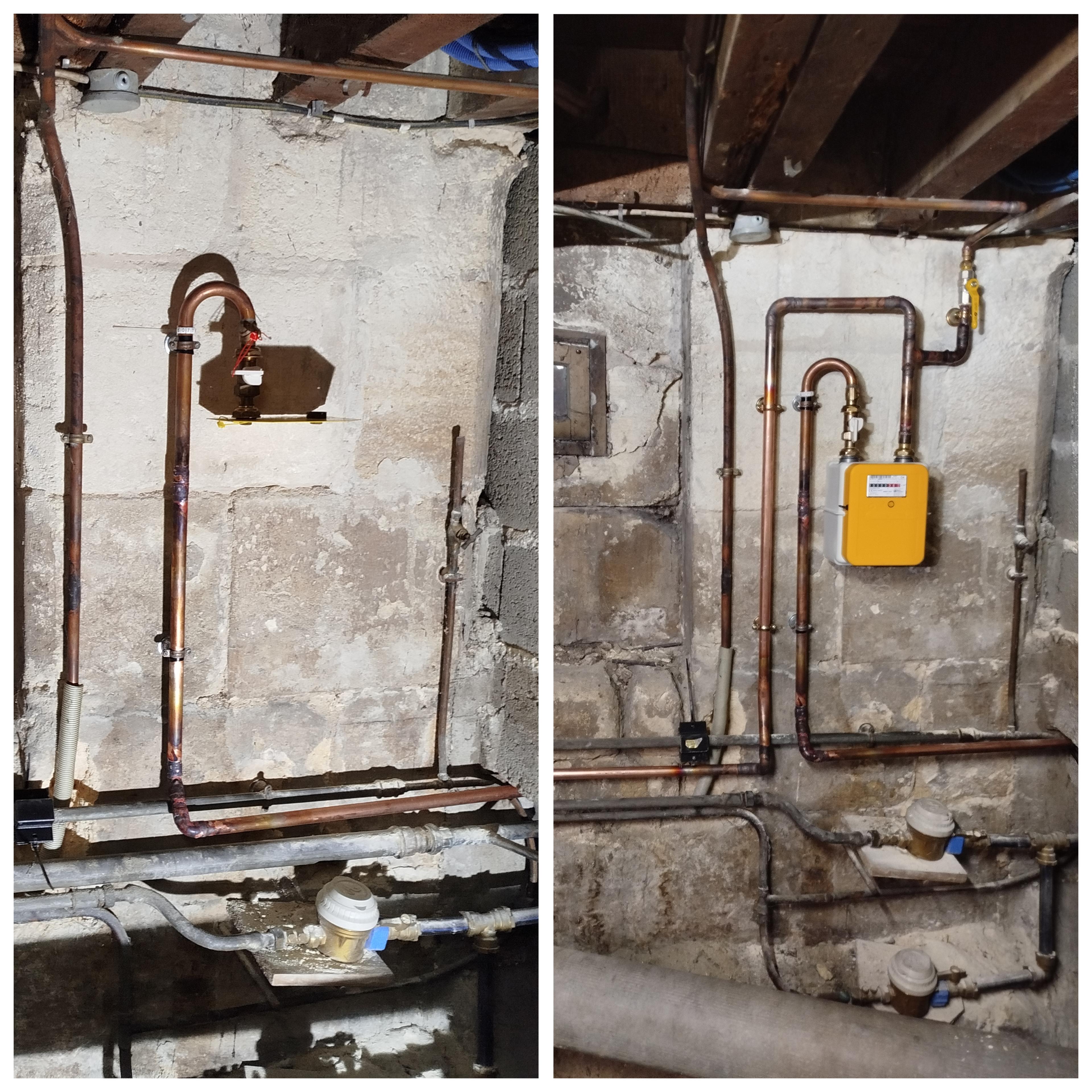 Remplacement compteur gaz et canalisations cuivre — avant après