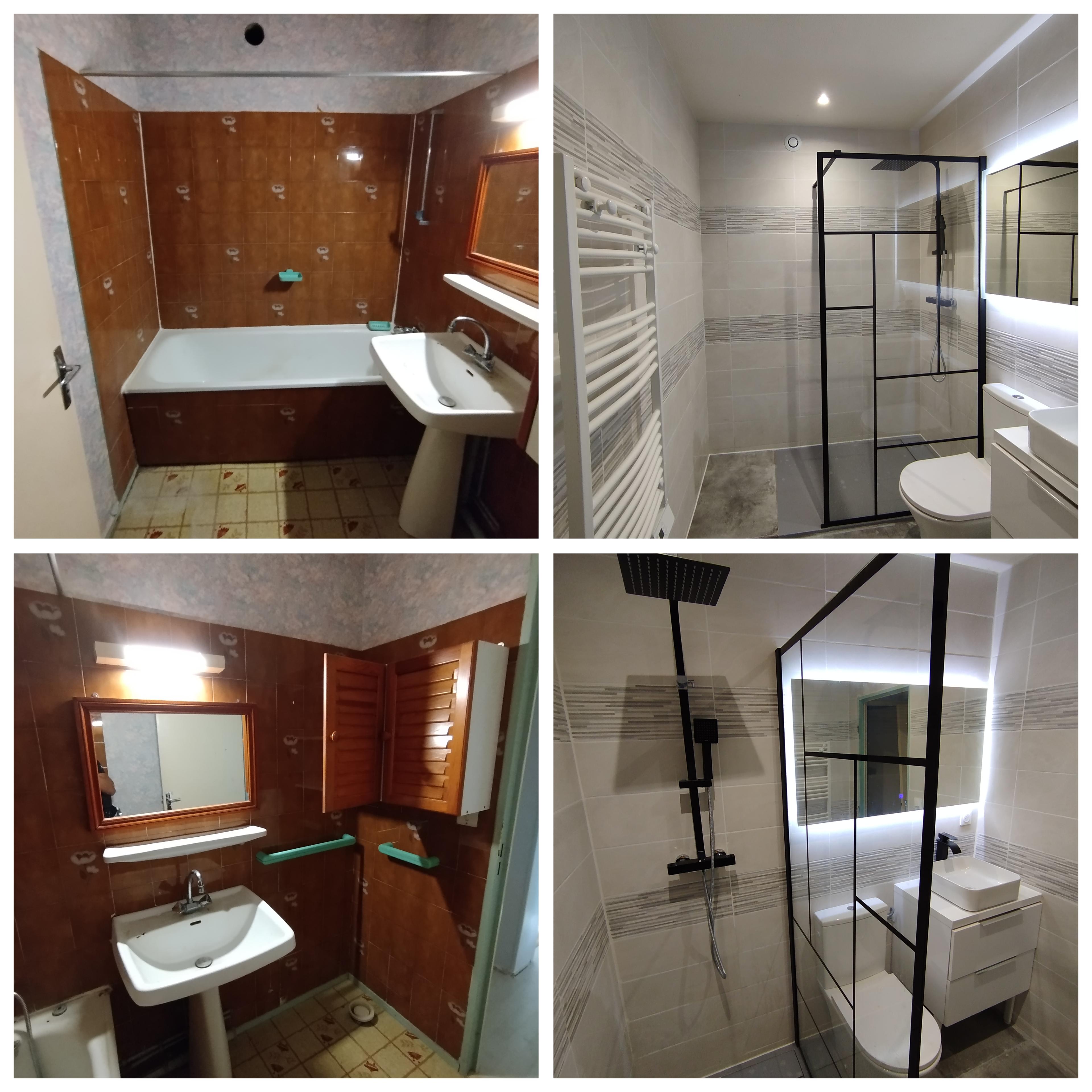 Rénovation salle de bain avant après — douche italienne, paroi verrière, Bordeaux
